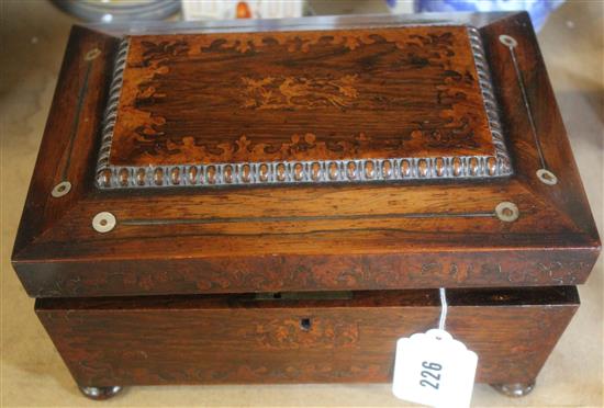 Victorian inlaid rosewood sewing box, a treen Islamic regimental tobacco box and a pair of opera glasses